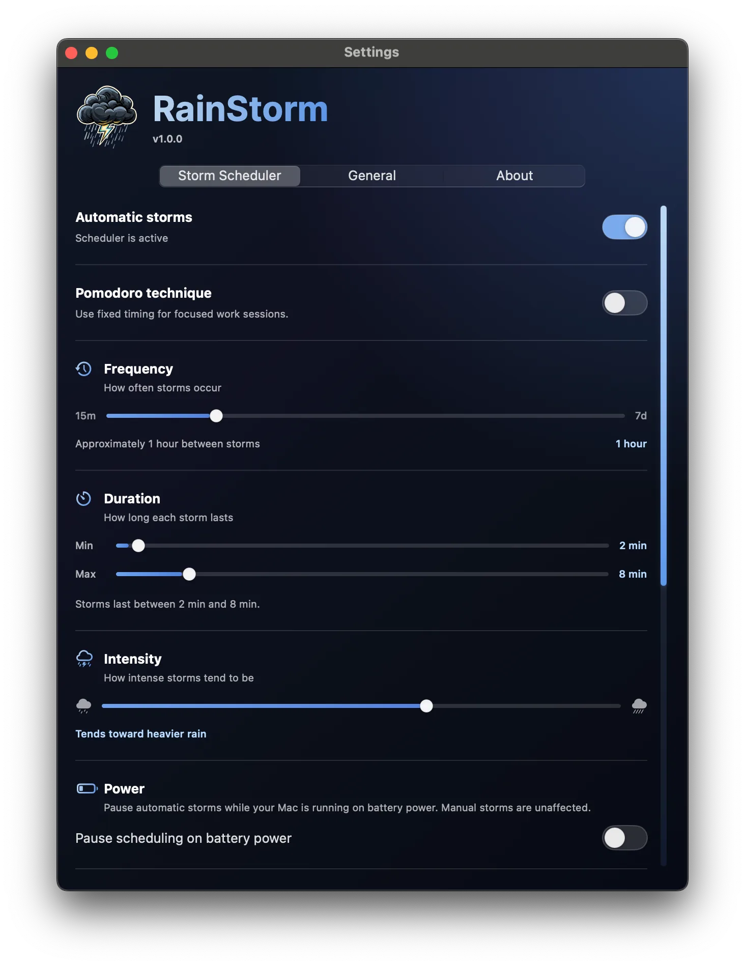 RainStorm Settings — Storm Scheduler tab with Automatic storms, Pomodoro, Frequency, Duration, Intensity, and Power controls